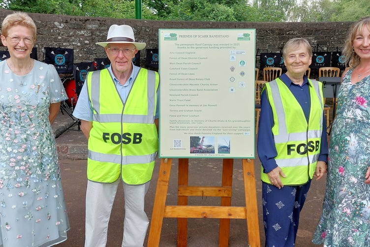 Photo 1 Scarr BS 26062026: “Flanking the commemorative plaque are left to right, Sue Middleton M.B.E, Roger James (Chair of Friends of Scarr Bandstand), Alison Collison (Secretary of Friends of Scarr Bandstand), and Tamsin Sagar