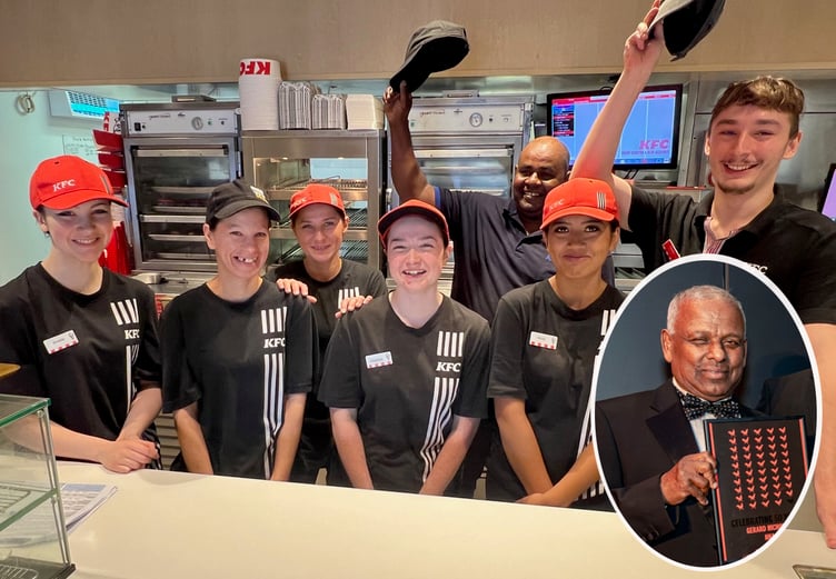 Ross KFC staff celebrate franchisee Gerard Nicholas' 50 years in business.