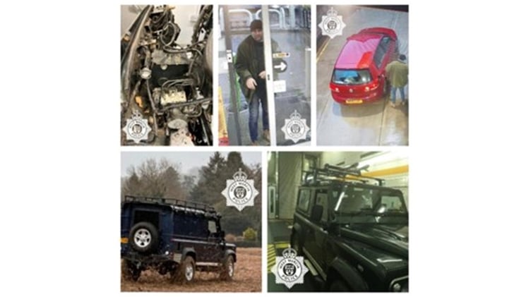 (Clockwise from top left) The bulkhead from a Land Rover Defender in the ‘chop shop’; Jimmy Butler on CCTV at a petrol station; Butler filling up the stolen VW Golf; one of the stolen Land Rovers and one of the Defenders in the ‘chop shop’.