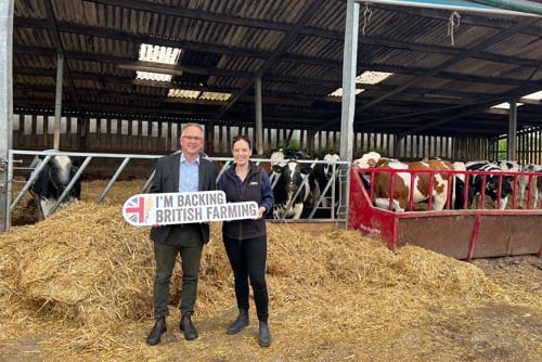 Cllr Jonathan Lester, leader of Herefordshire Council, with Catherine Hinds from the National Farmers Union during a visit to Green Farm in Felton.