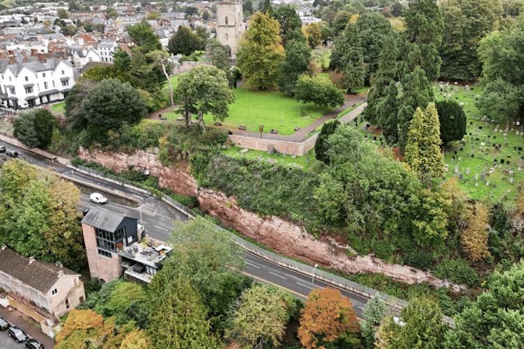 An aerial view of Wilton rock face in Ross-on-Wye, where major safety improvements will see Wilton Road closed from October 19 until December 11.
