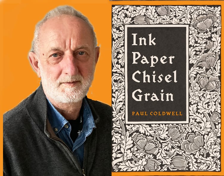 Paul Coldwell with a representation of a wood carving used in print making