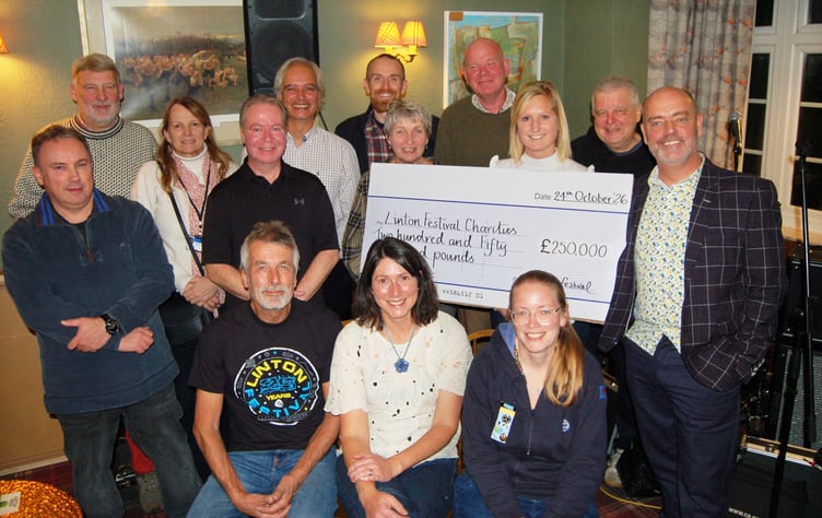 Linton Festival committee members pictured with some of the 20 recipients of local charities which will benefit from the financial donations.